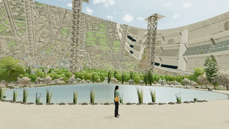 A paved lakeside plaza with a resident at the water's edge, reeds, trees and the city rising across the lake.