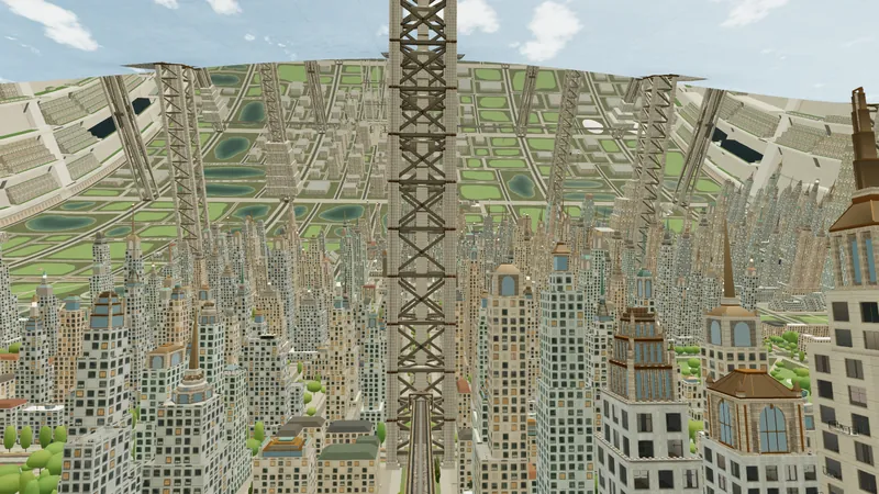 A field of crowned towers and spires from above, with megaframe ribs climbing toward the sky.