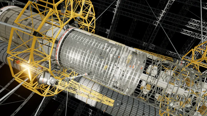 A cutaway crew drum with stacked decks, capture arms, a robotic manipulator and a small capsule.