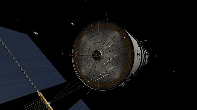 A tethered solar farm with a large photovoltaic field and the station's aft face beyond.