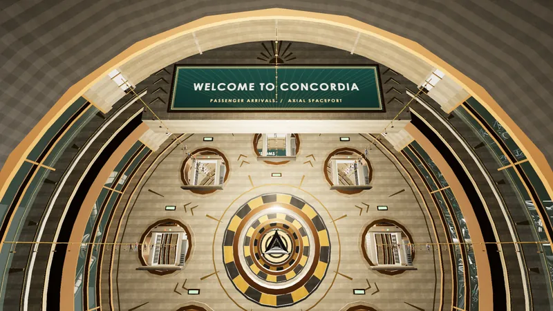 The arrival rotunda: a monumental arch under a lit WELCOME TO CONCORDIA sign at the head of the terminal nave.