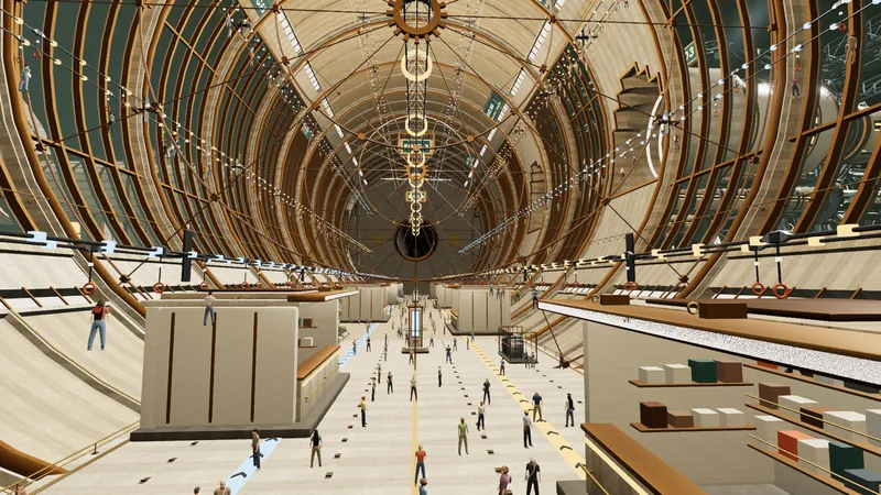 The concourse deck low in the nave: shop pods, travellers, a catch-net ring and handline riders overhead.