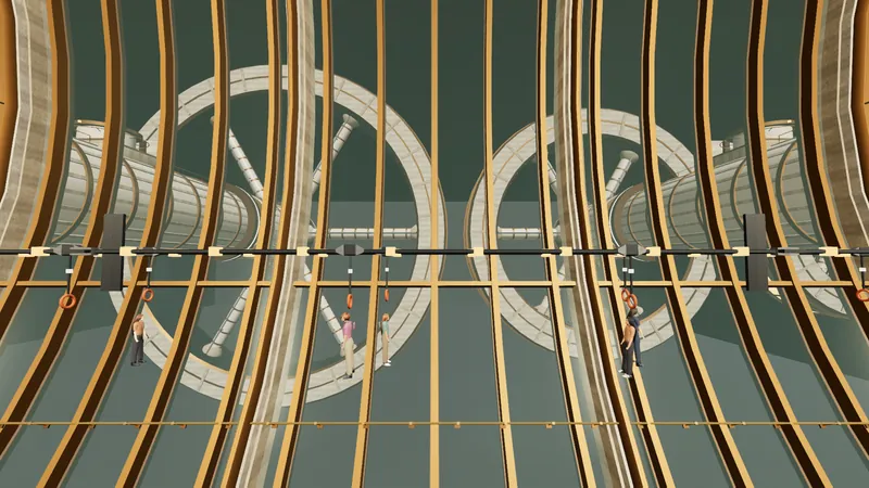 Three rotating lounge wheels on stationary hubs, seen across a concourse.