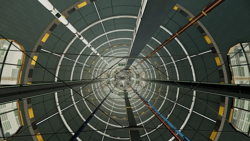 A long lit tube interior with ring frames, a guideway on stays, crew galleries and AXIS 01 signboards.
