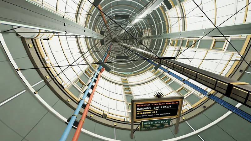The inside of a cylindrical lock with viewing slots, door portals, a carousel and an amber indicator ring.