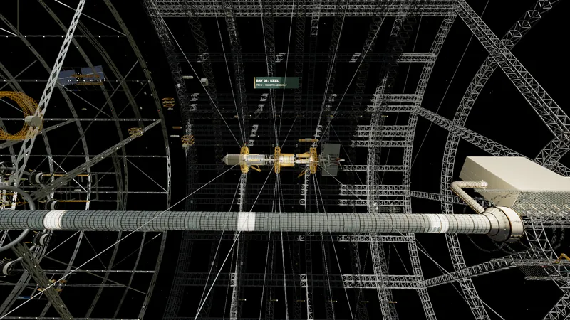 A large spacecraft hull held inside a vast construction volume by tension lines, rings and tugs.