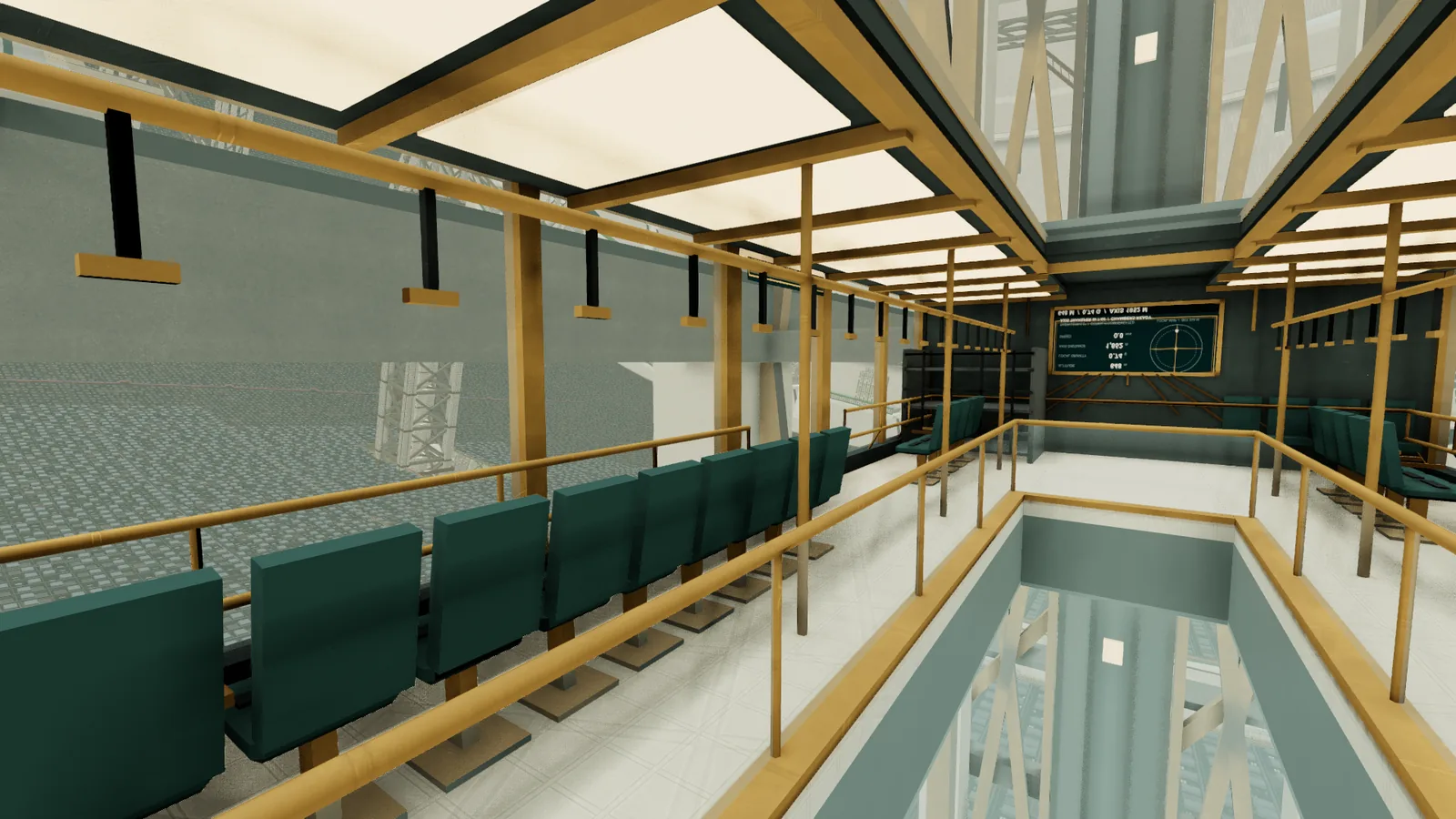 Inside the panoramic ascender cabin at 650 m, with window seats, rails, a glass floor gallery and the city curving up beyond the glass.