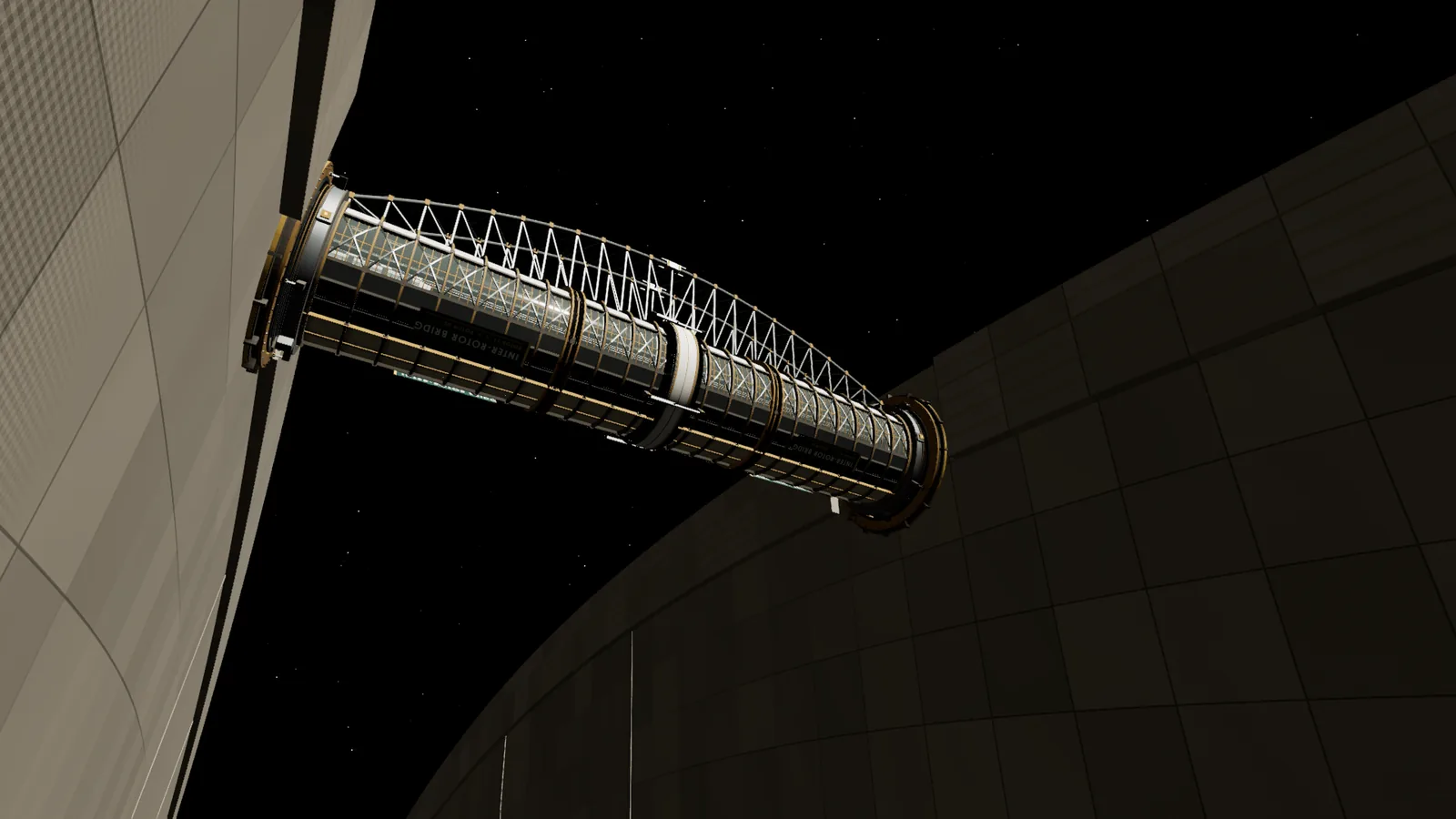 The transit bridge between two same-spin rotors seen from its sunlit flank, with window bands and X bracing across the gap.