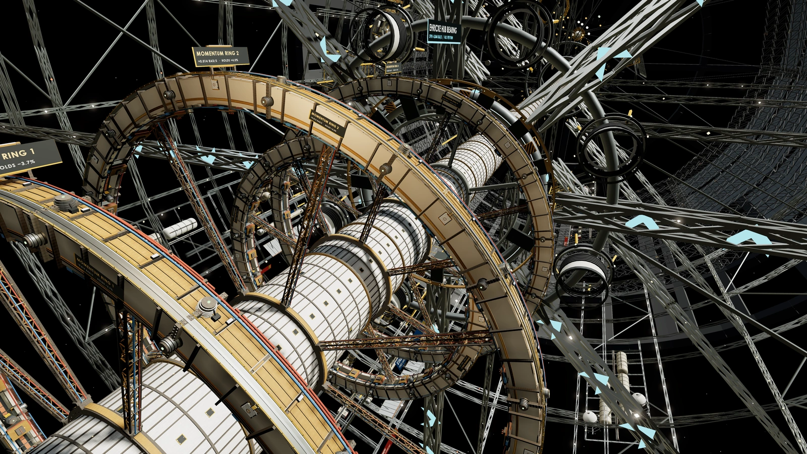 Looking along the momentum control bay past the reaction ring machines in their vacuum housings toward the rotor 4 end wall.