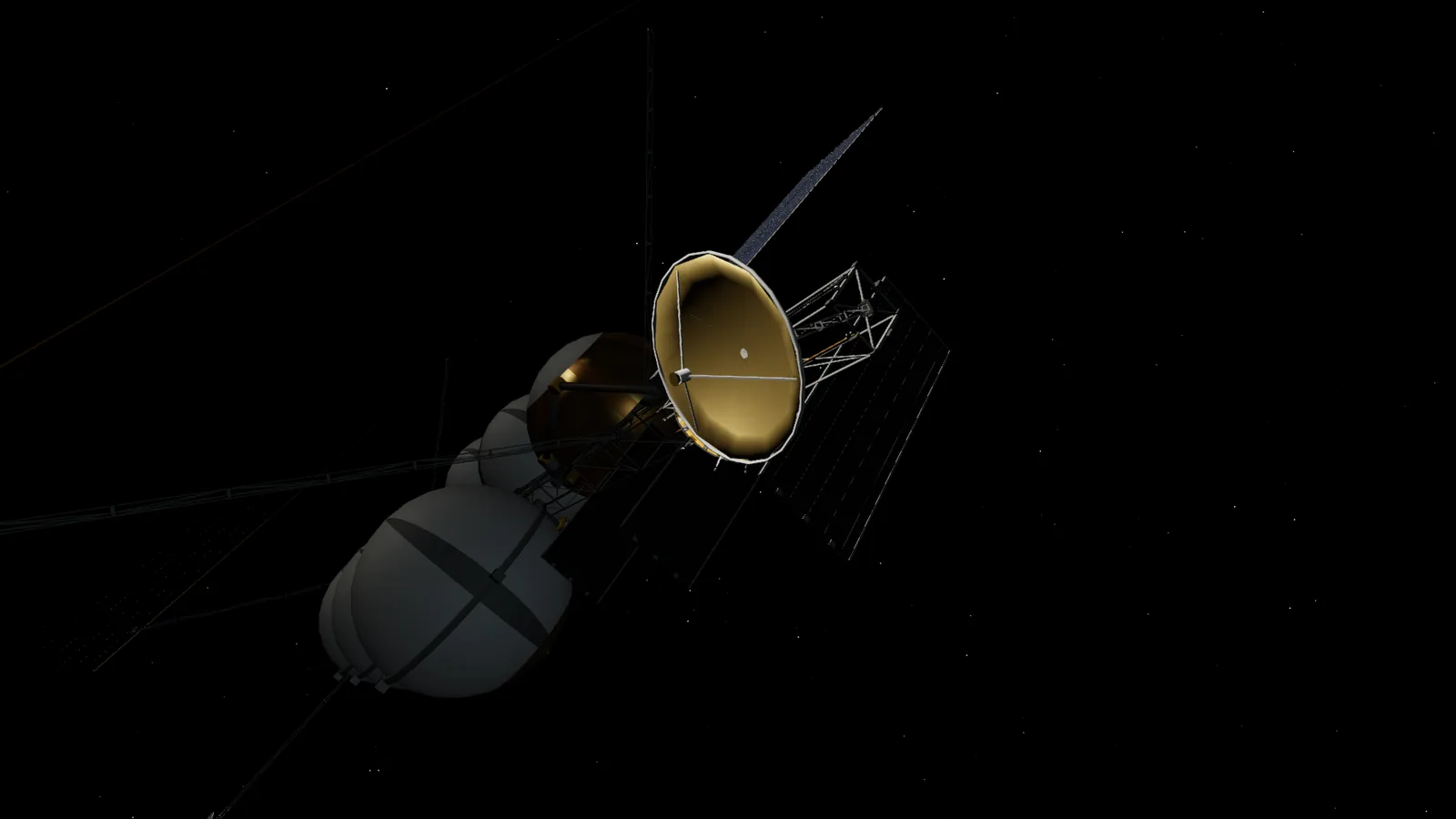 A volatiles depot in free flight: spherical tanks, a tug-port collar and a gold dish antenna against black space.