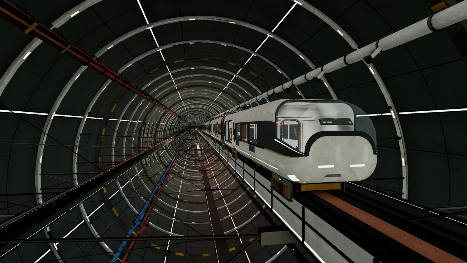 The five-car axial express on its guideway inside the spine, seen three-quarter from ahead of the head car.