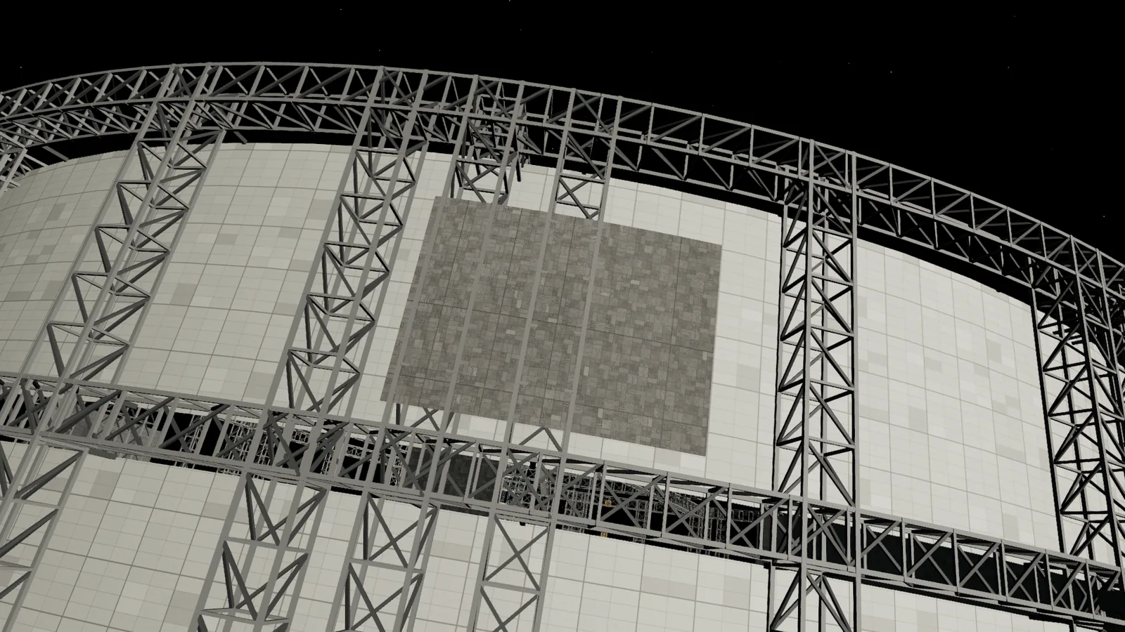 Hull truss and shielding tiles seen from 1 km: a lattice frame around pale cassettes, with one darker replacement panel.