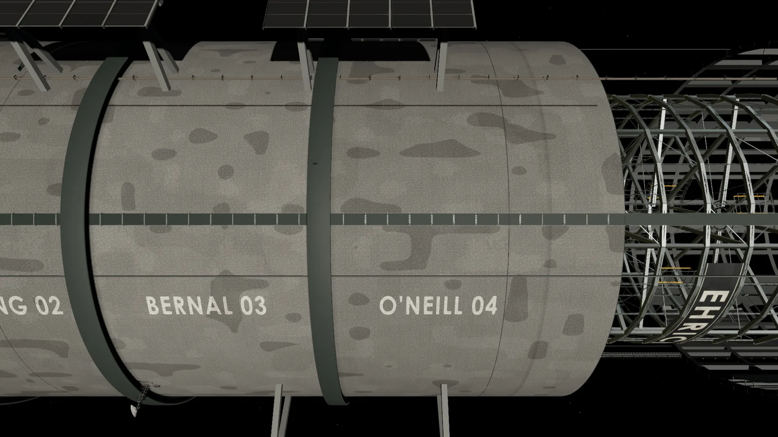 The stationary hull from 5 km: pale shielding plates, structural bands and the open truss of the industrial bay beyond.