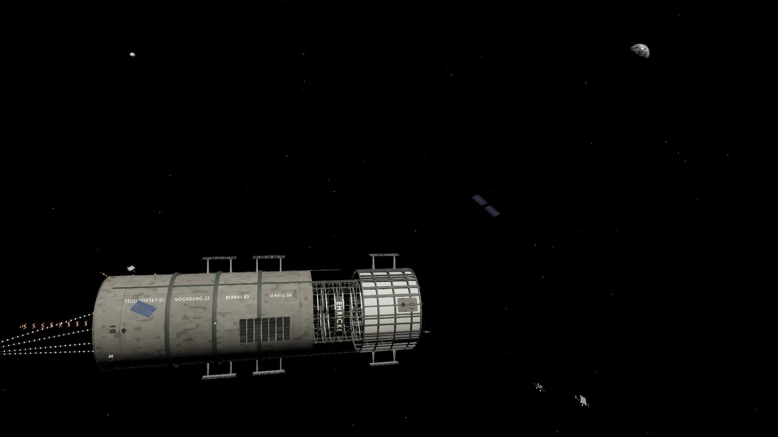 Concordia from a distance with the Moon at upper right and small satellites flying free of the hull.