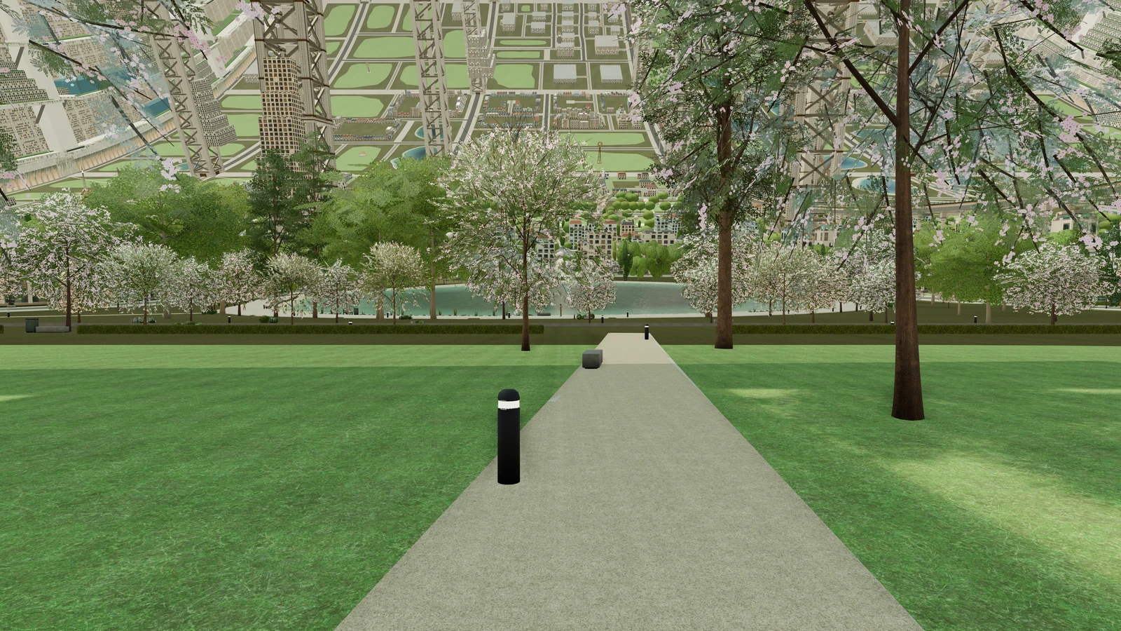A lakeside park on the rotor floor, low housing around it and the curved city rising into the distance.