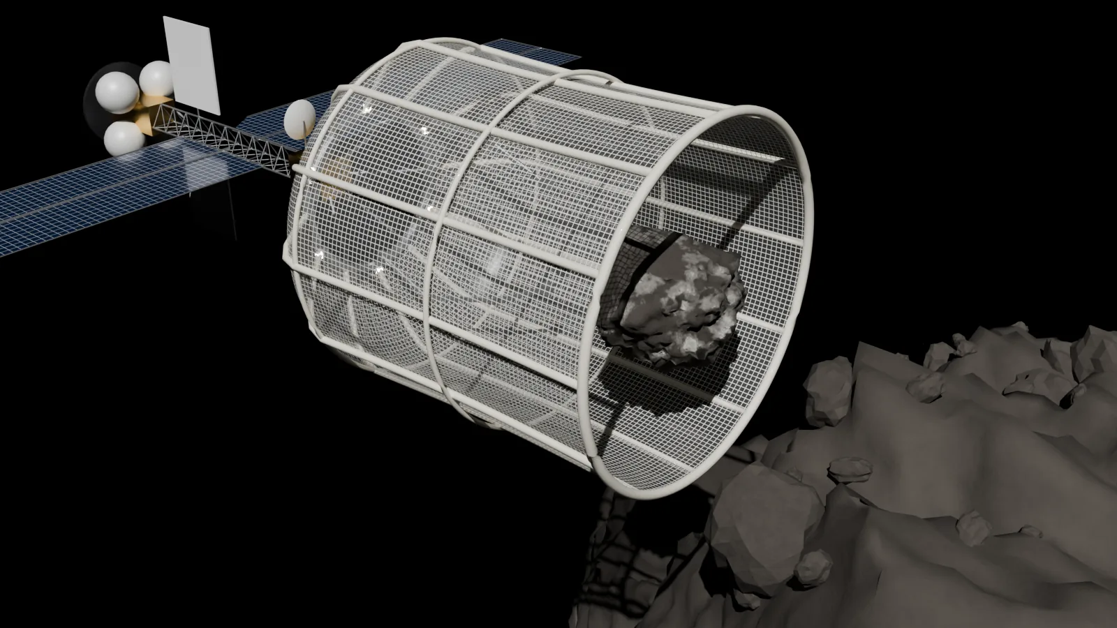A tug's open cylindrical net bag, held by white inflatable ribs, closes over a metal-flecked boulder beside a grey rubble-pile asteroid.
