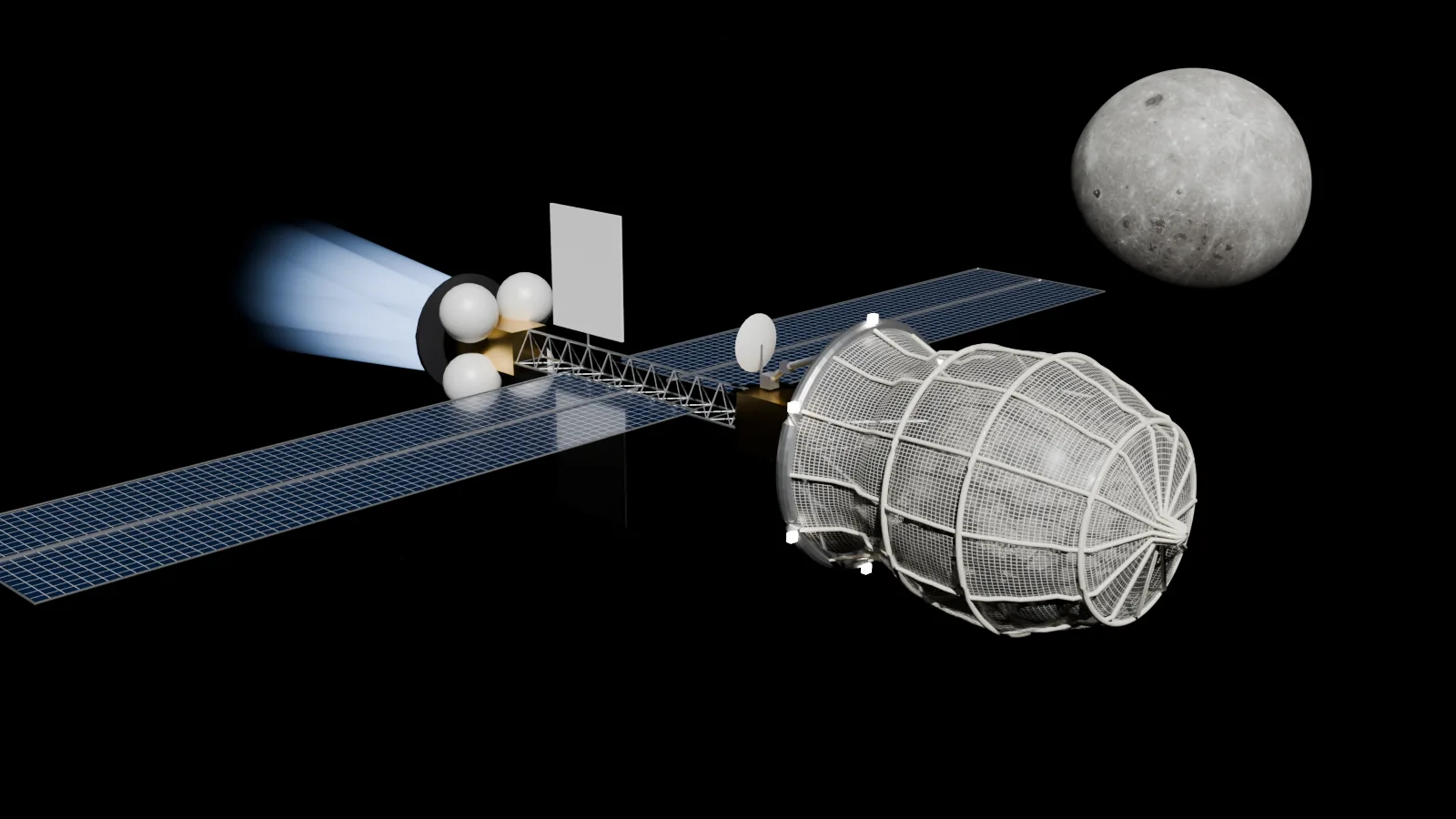 A long solar-electric tug with wide blue solar wings pushes a net bag cinched around a dark metallic asteroid chunk, the Moon behind.