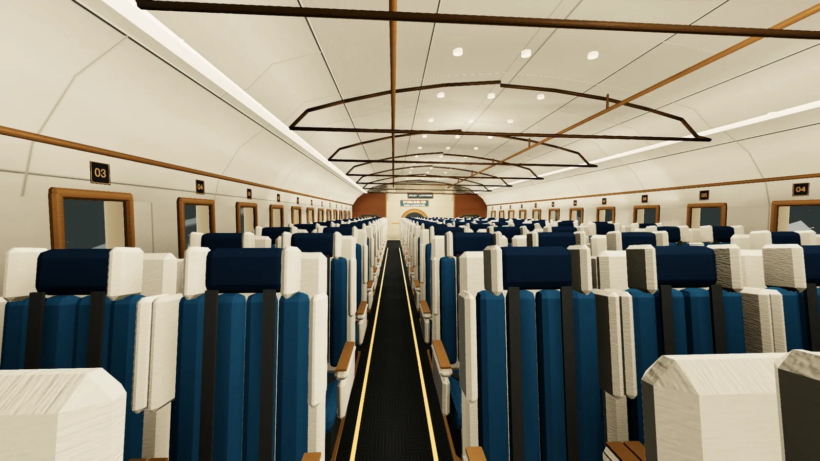 Inside the passenger launch cabin: rows of couches, a window band, aisle lighting and the shelter bulkhead.