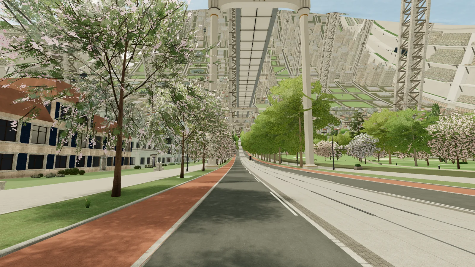 Street-level view of the elevated metro viaduct on its portals, with the line running away along the curving arterial.