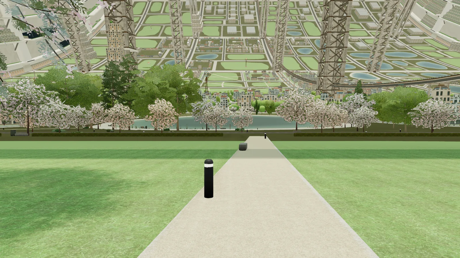 A lakeside park at noon: bright grass, a pale path and the far side of the city overhead in full light.