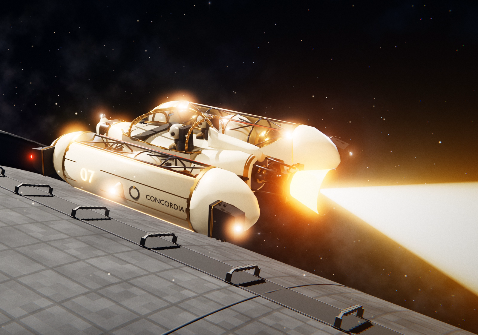 Close rear view of the cream racer: two long tank pods, a bubble canopy with two crew and the engine burning orange above the hull.
