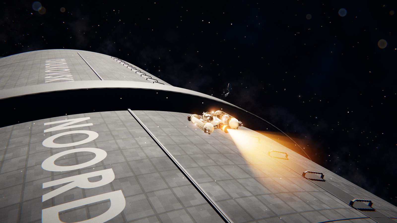 A small white two-seat rocket racer burns an orange plume low over the grey station hull, the painted name NOORDUNG beside it.