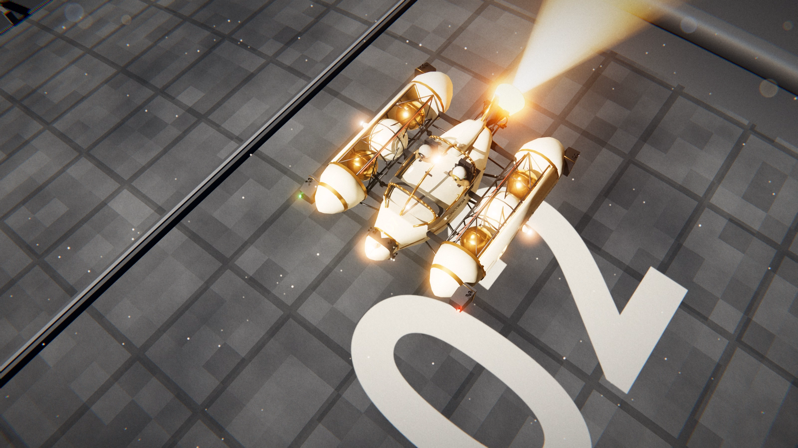 The racer from above: two lattice pods with bronze and cream tanks beside the crew bubble, engine at the tail, over a painted 02.