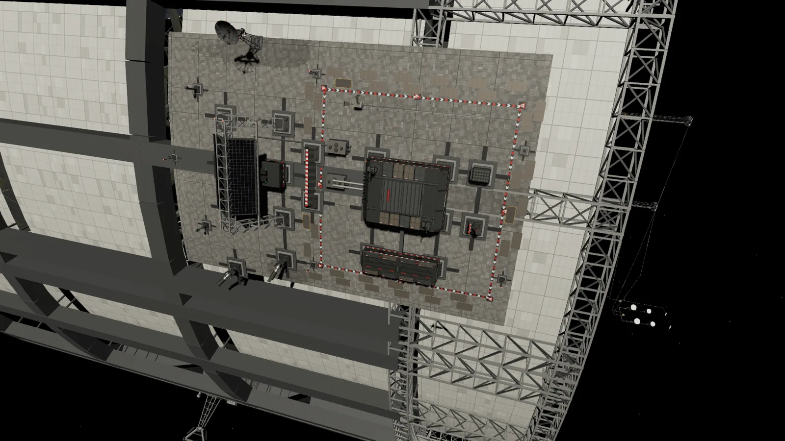 The forward defence battery on the hull: an armoured housing, reload magazine and interceptor cells under a black sky.