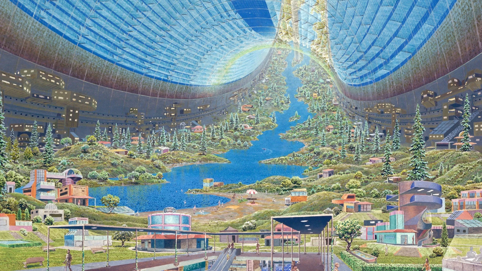 A 1975 NASA painting by Don Davis of the Stanford torus interior: a curved valley of houses, trees and a lake under glass panels.