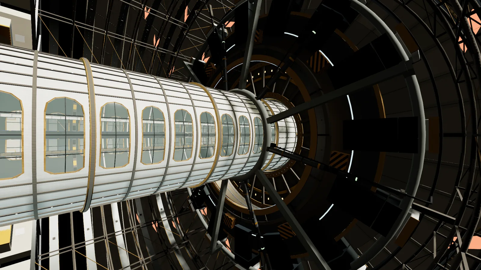 The aft bearing gallery of Tsiolkovsky (Rotor 1): the spine tube passing through ringed bearing structure, trusses and lit bands.