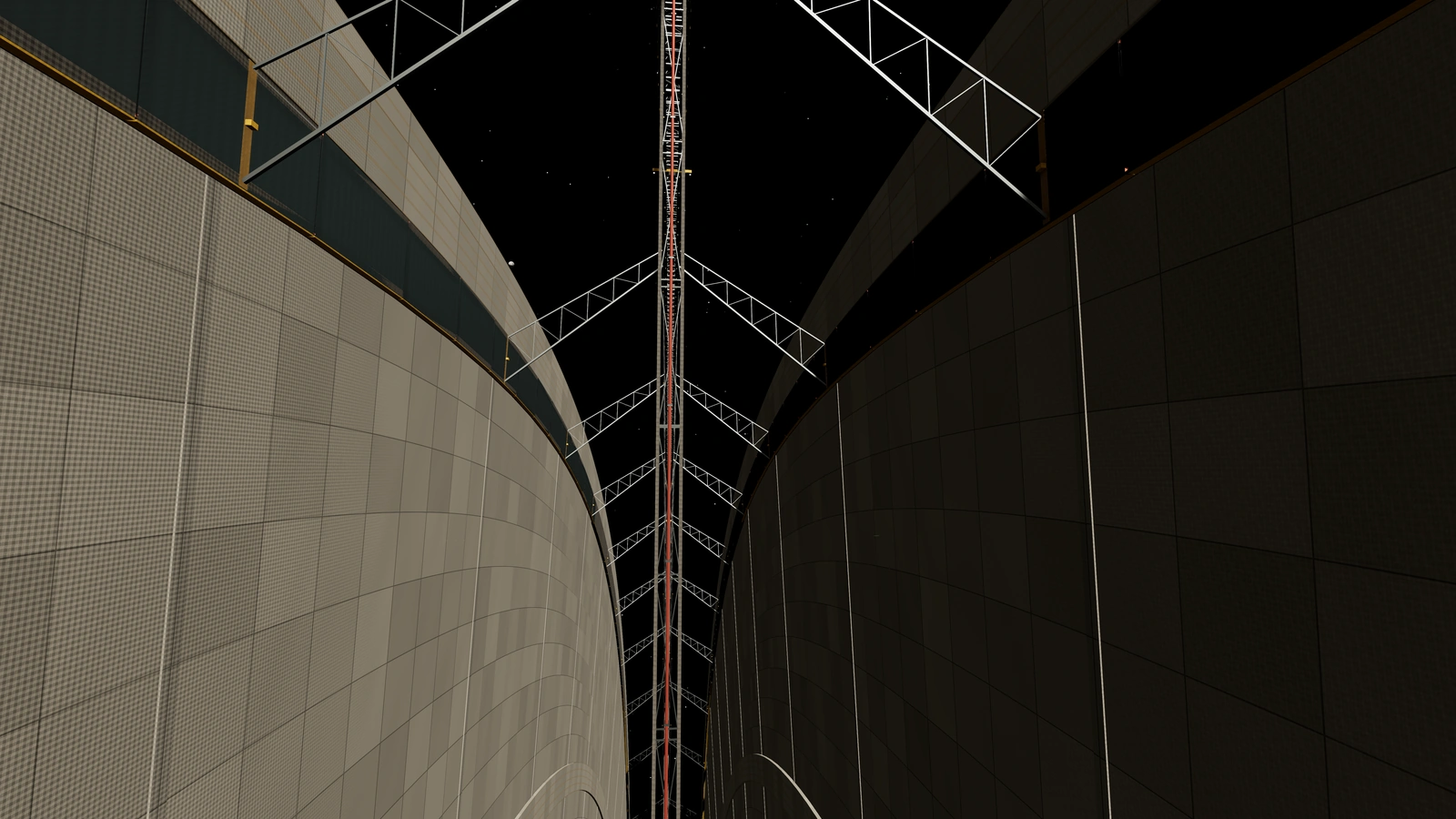 Two curved end walls of Noordung and Bernal (Rotors 2 and 3) turning opposite ways, with a lattice service frame and mast between them.