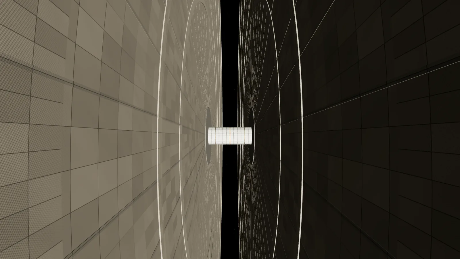 Looking along the gap between two rotors: ringed end wall on the left, dark wall on the right and the spine tube crossing between.
