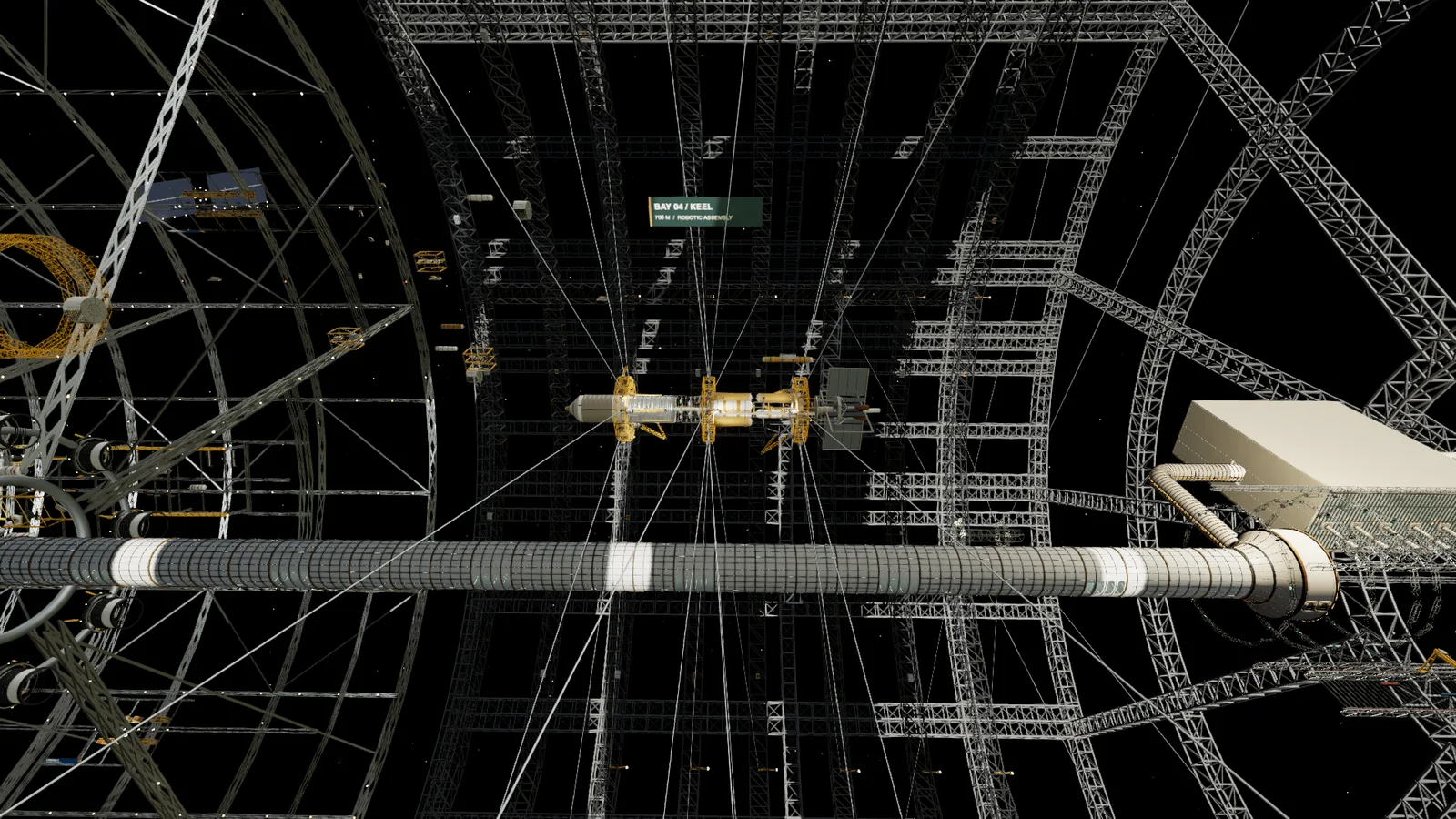 A large spacecraft floating unsupported inside the zero-g shipyard, surrounded by a much larger construction volume.