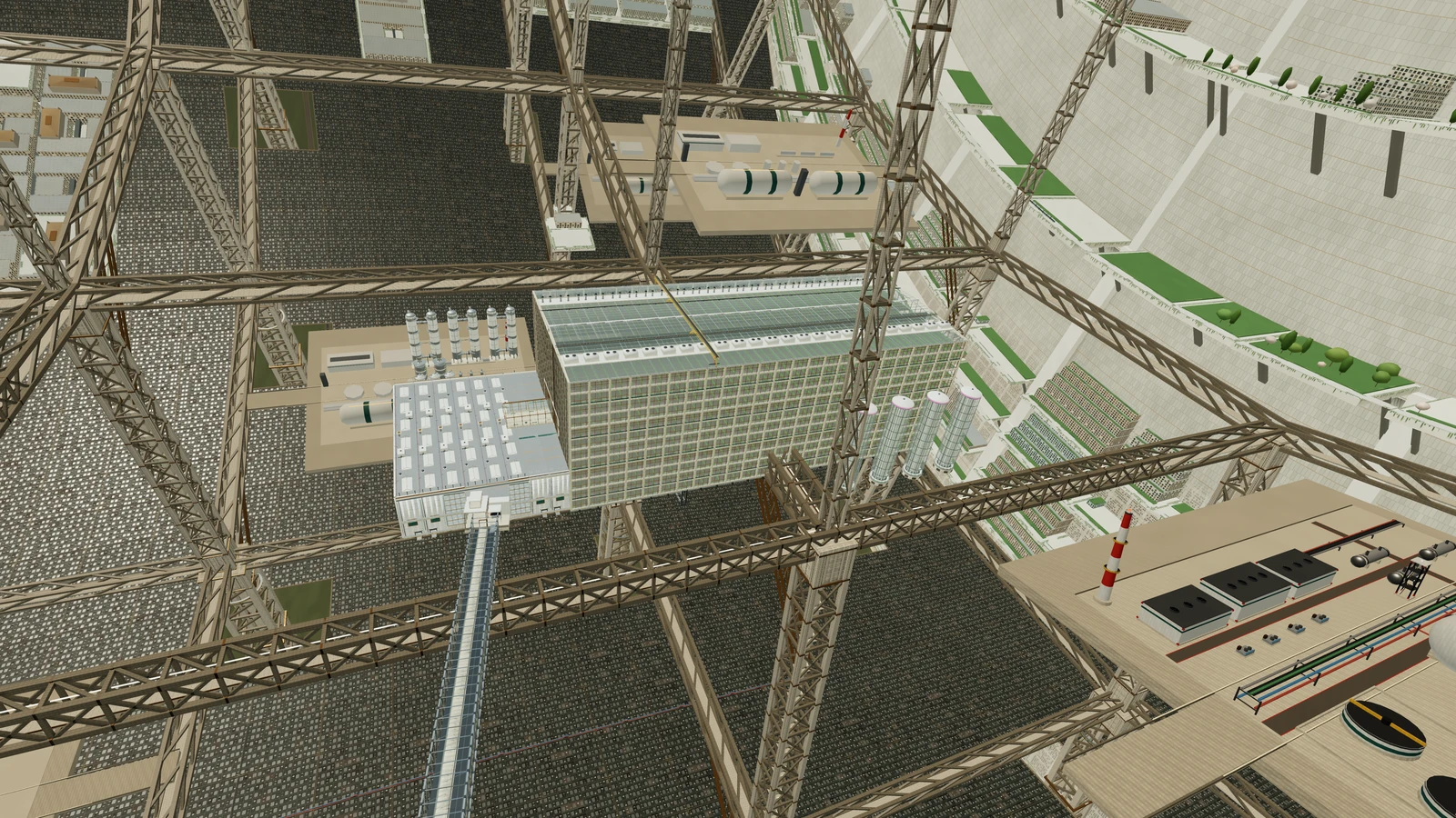 Looking down on the opaque back of the artificial sky from the upper city, with process vaults, nutrient vessels and grow galleries.
