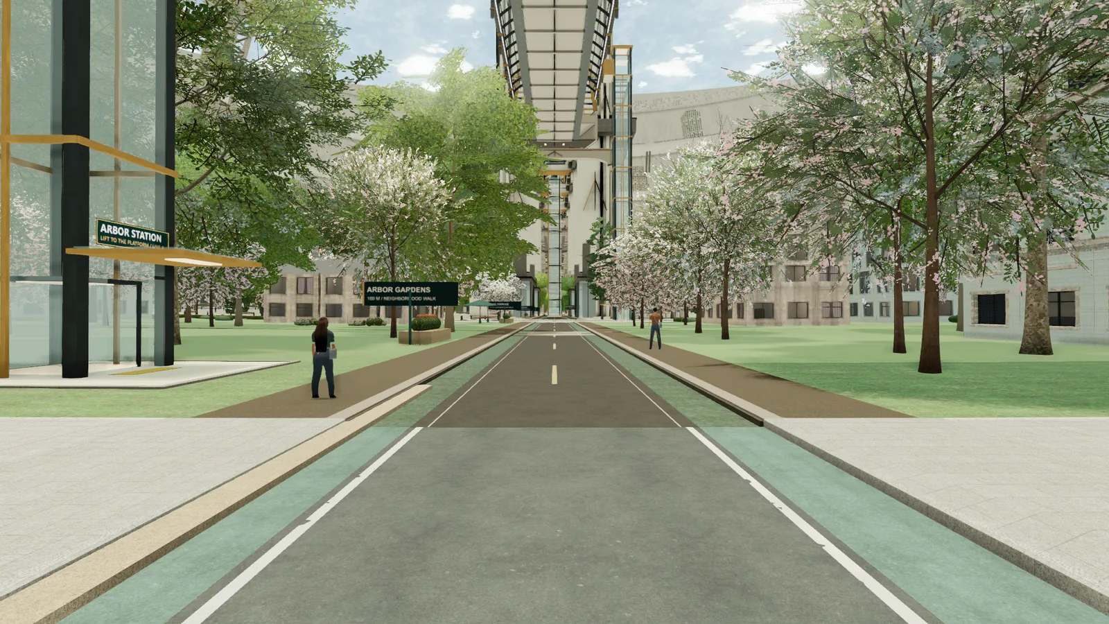A residential street at midday under a bright blue artificial sky, with low buildings, trees and the curved city rising ahead.