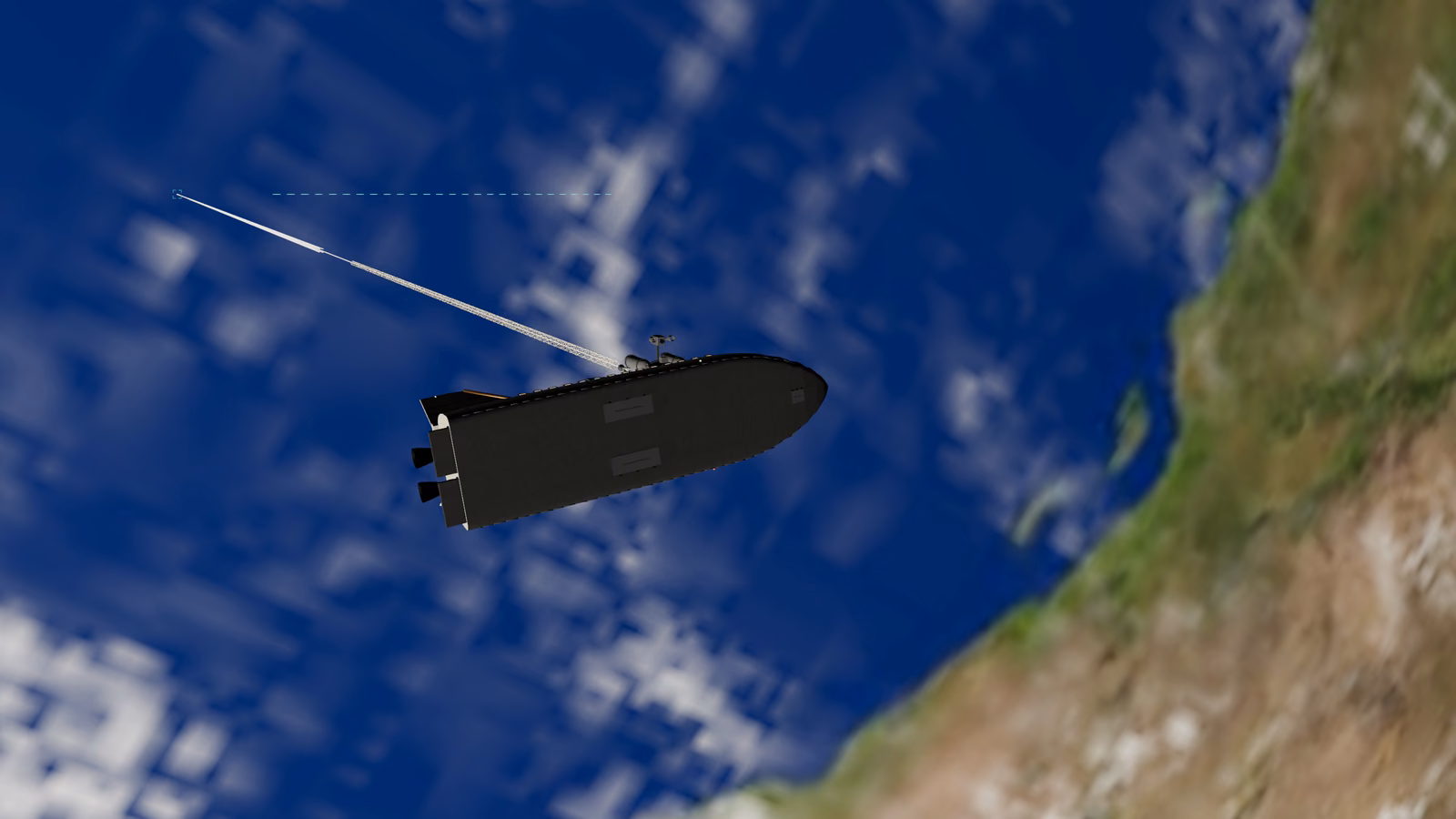 A white and black spaceplane hangs from a fan of fine cable strands over blue ocean and cloud, twenty seconds after the tether grabbed it.