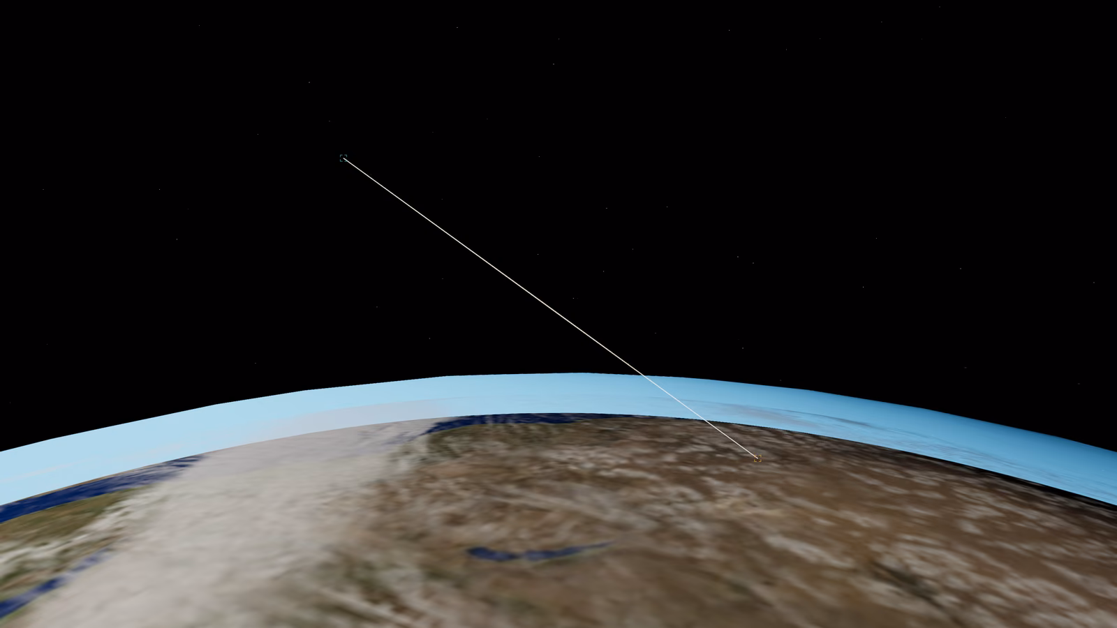 A thin tether slants across black space above Earth's limb, with a teal bracket on its upper end and an amber one on its lower.