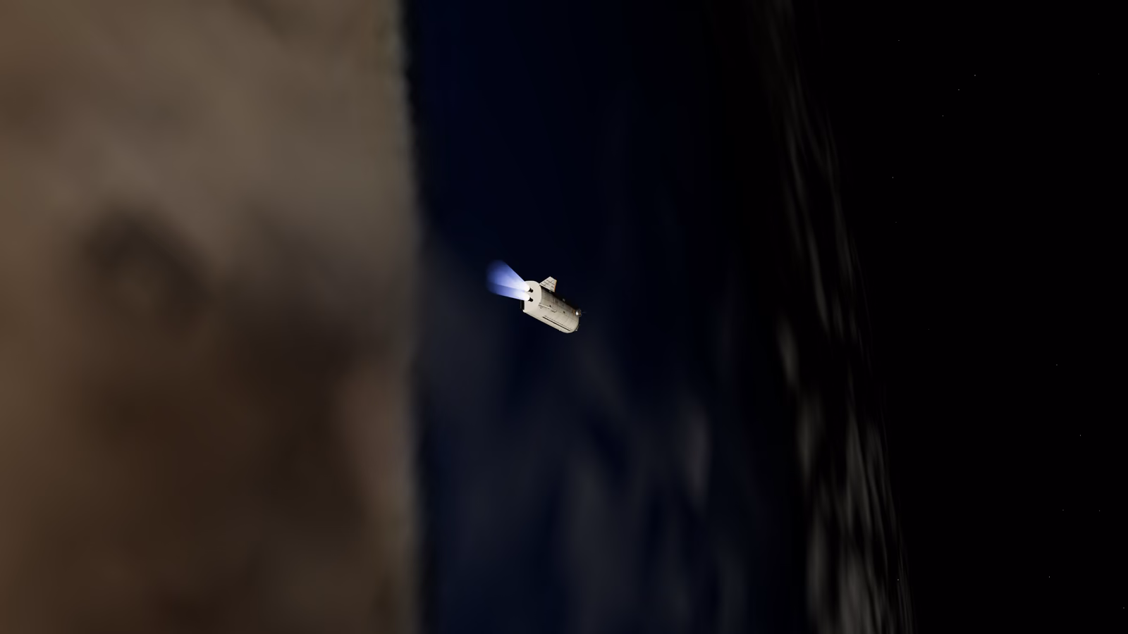 A small white spaceplane fires two blue-violet plumes against a dim brown Earth at dusk, with stars beyond the planet's dark edge.