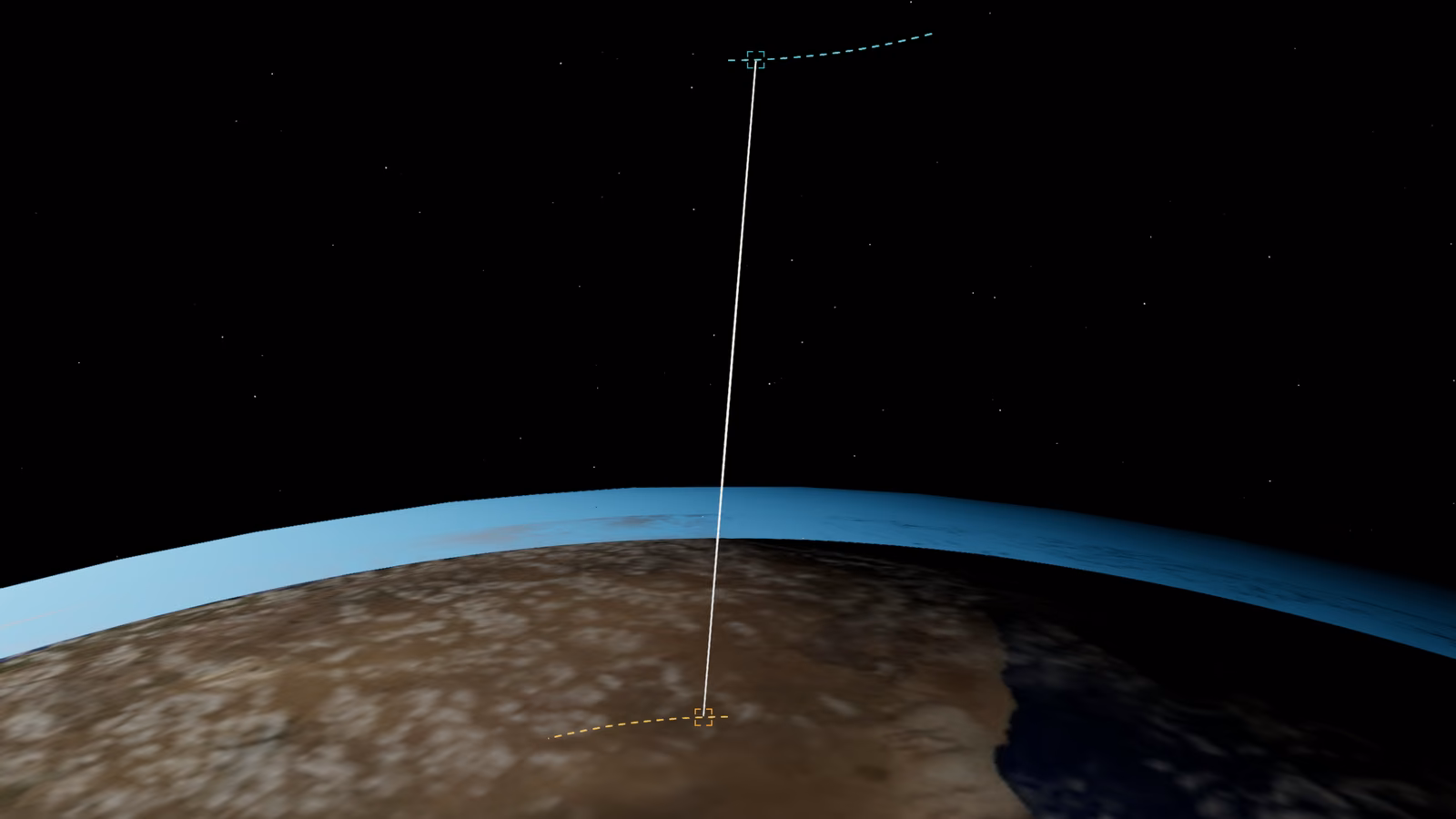 After release, the tether runs from a dashed amber path near Earth up into black space, above the planet's thin blue atmosphere.