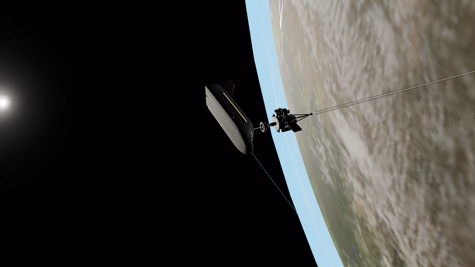 The spaceplane leaves the tether's lower terminal at the release, strands trailing back toward the terminal over a cloud-covered Earth.