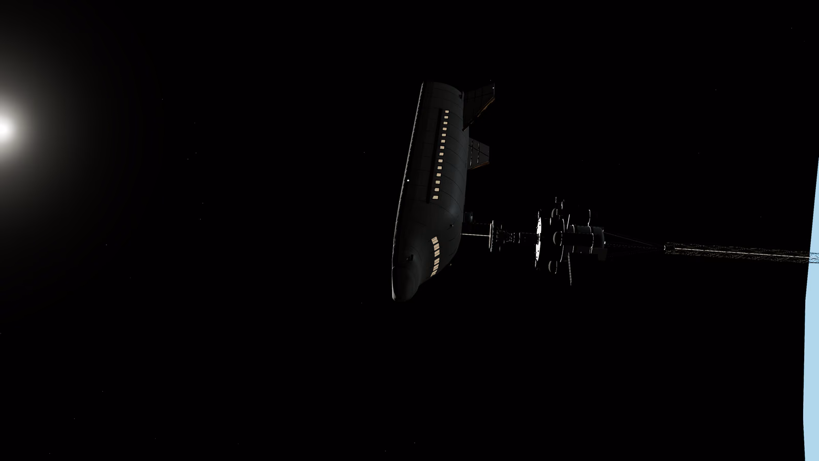 Close on the capture: a dark spaceplane seen from above, held by taut strands that run to a small terminal beside it.