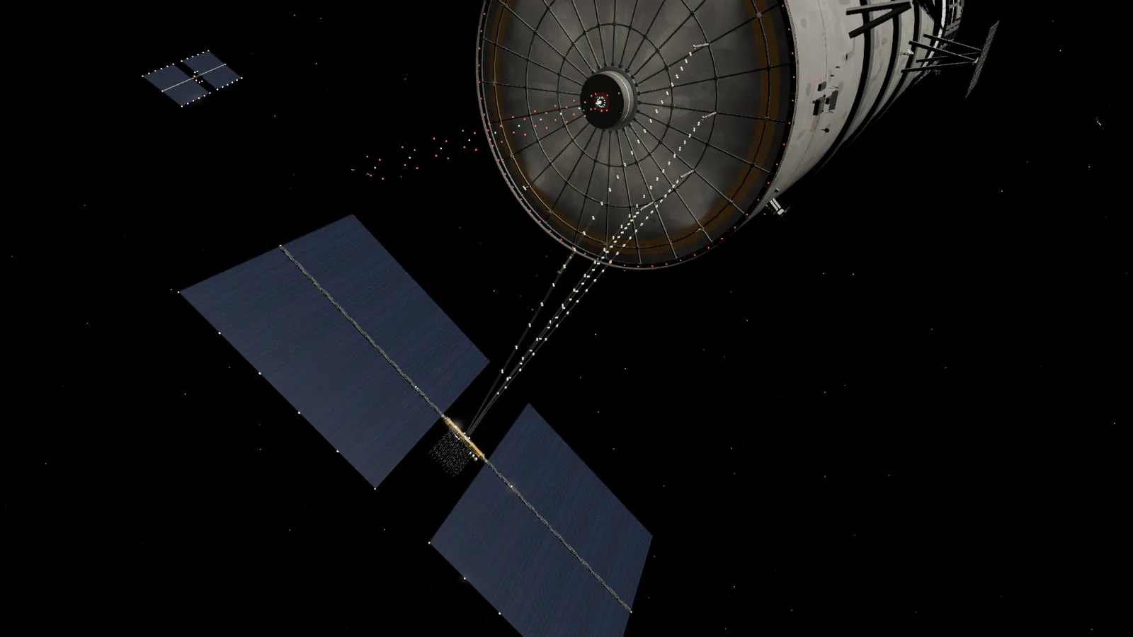 A square-kilometre solar platform seen from 4 km on the sunward side, with its photovoltaic field, truss and bus and the station beyond.