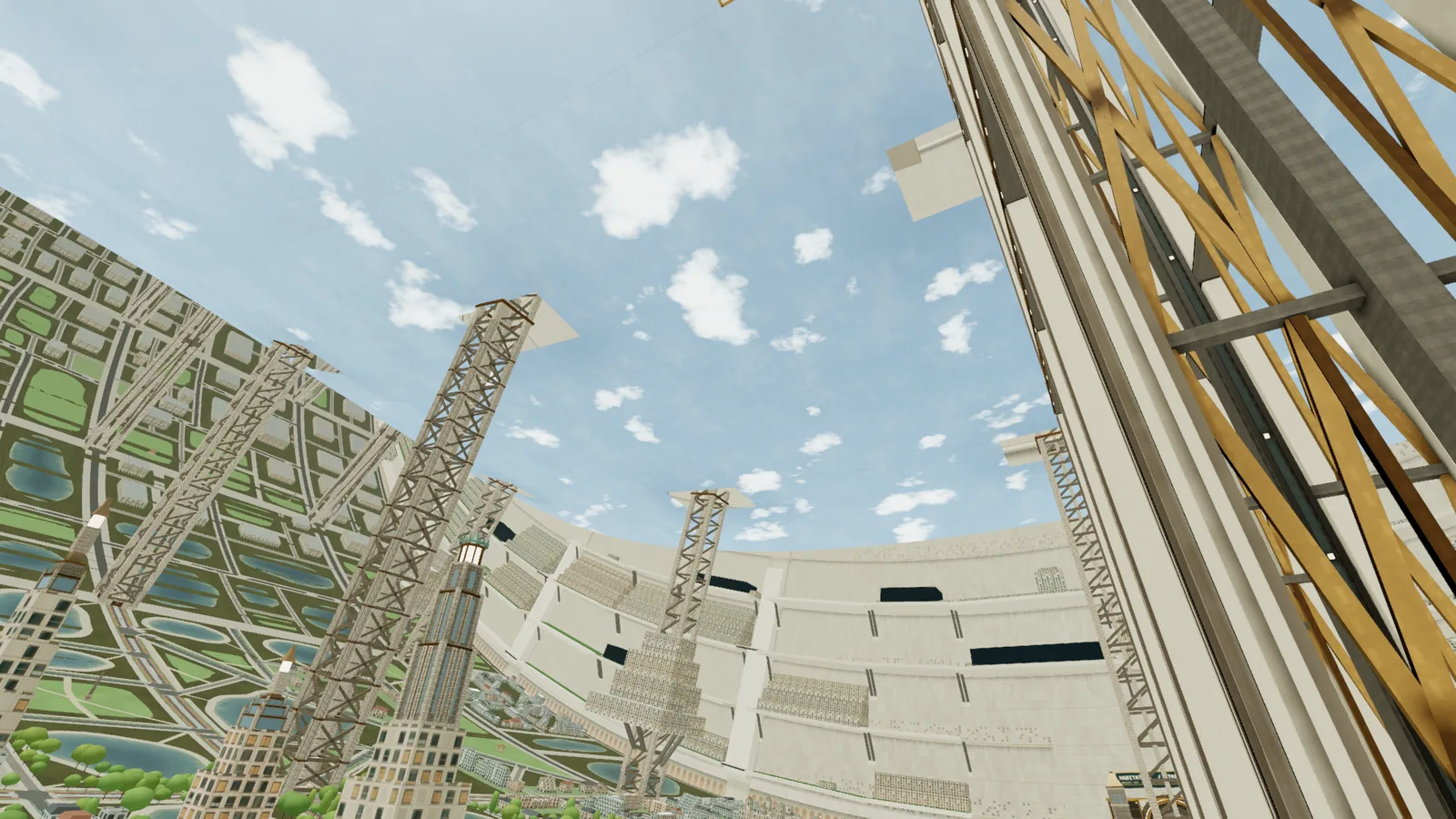 A foundational rib of the megaframe rising from a lived-in groundside neighbourhood toward the curved sky.