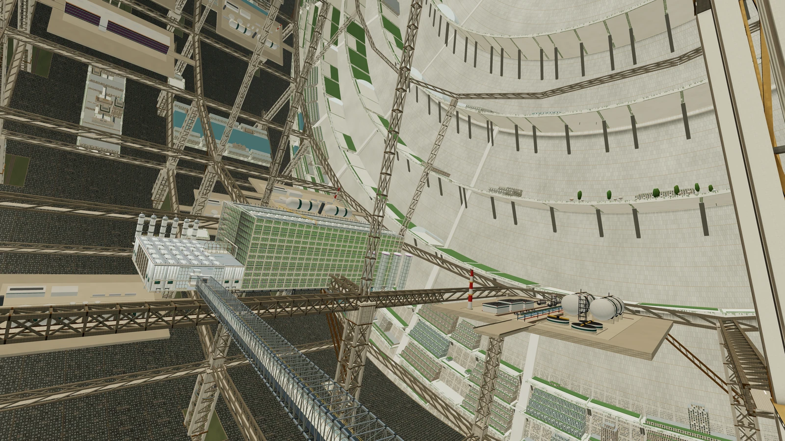 A mid-gravity view of the megaframe: bay infill, partial decks and bridges between great ribs, at about 0.55 g.