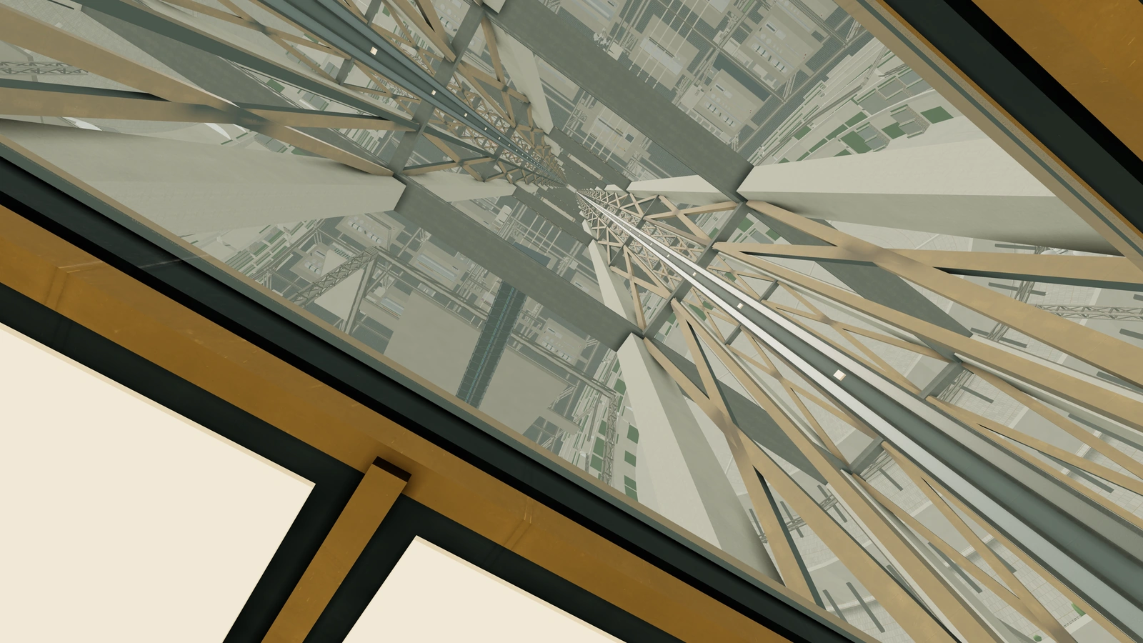 An ascender cabin rises through the open floor of the artificial sky, with the curved city and a lit ceiling stretching away ahead.
