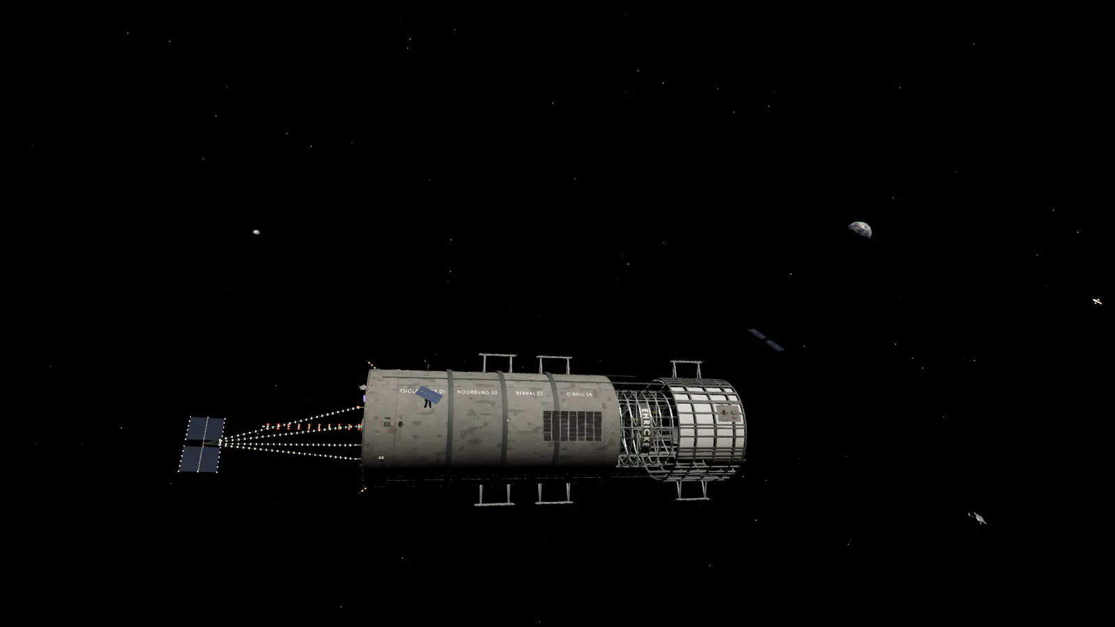 Earth and the Moon hang in black space beside the long grey habitat, showing the station far from either world at L5.