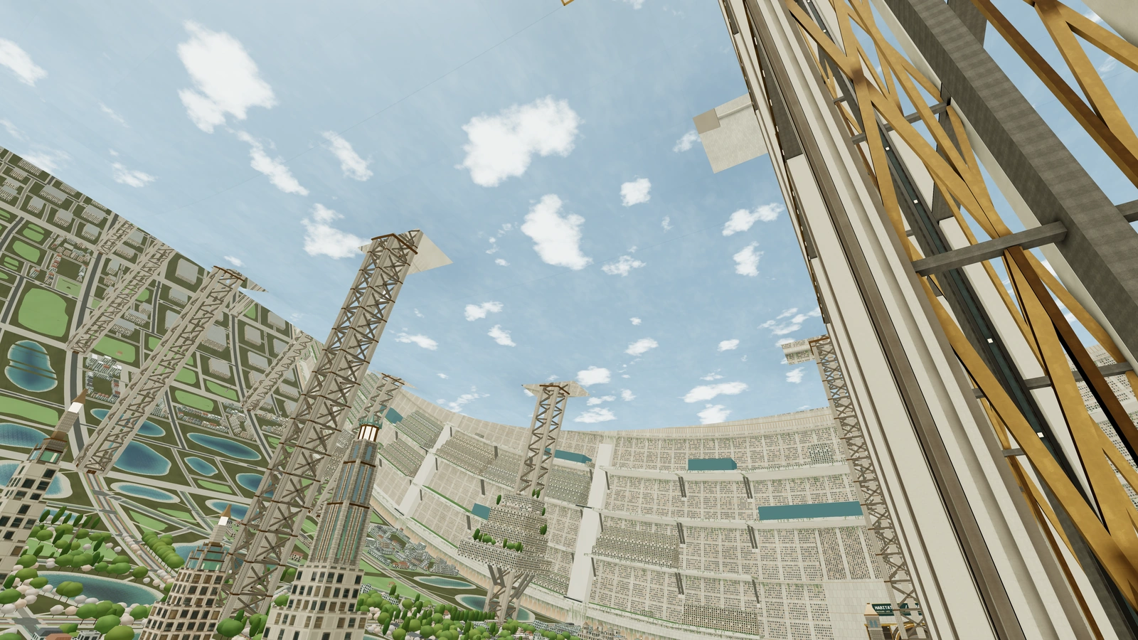 The foot of the urban megaframe, with massive steel piers rising from the ground between buildings and parkland on the rotor floor.