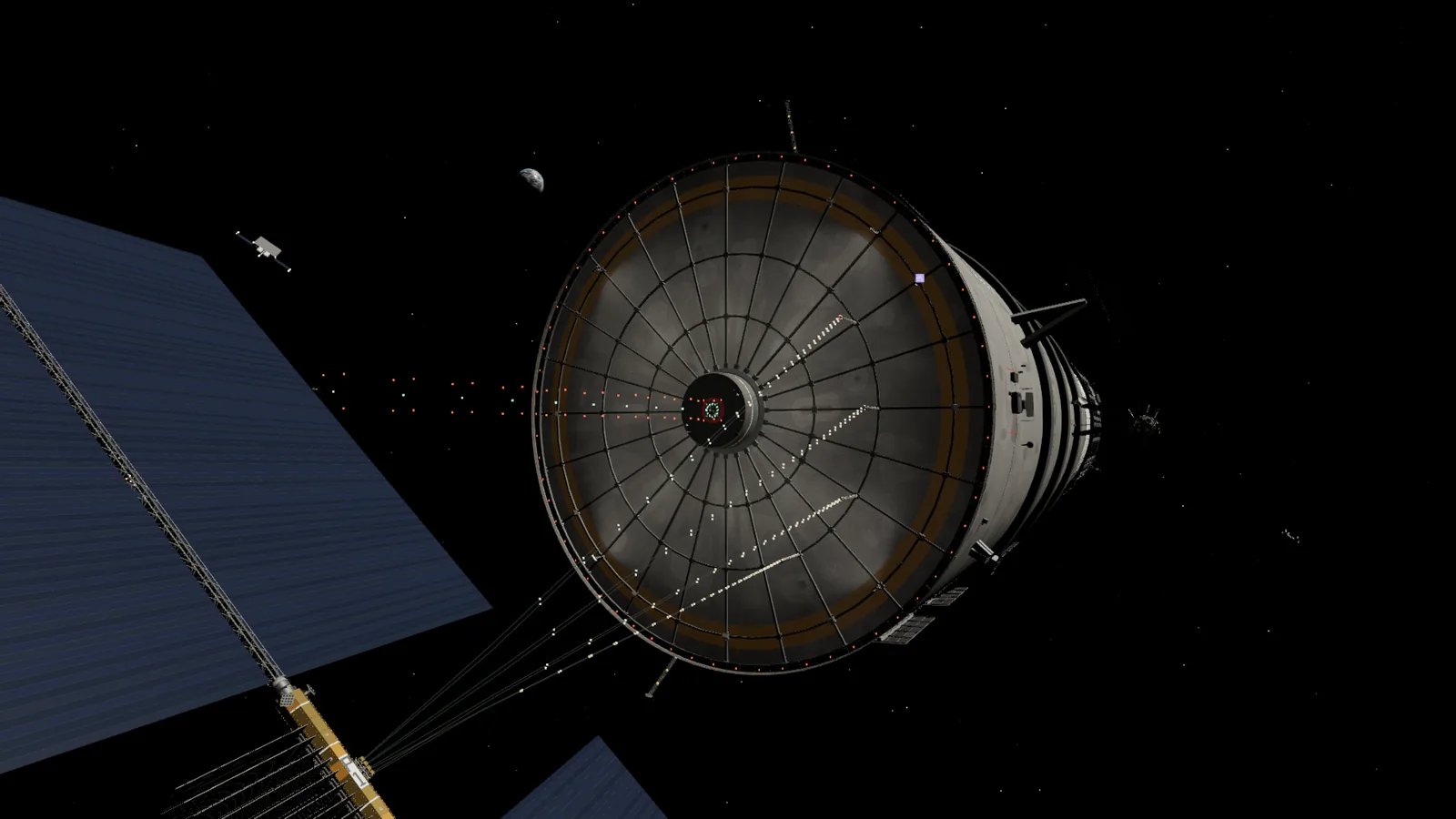 Solar power platforms hang in space beyond the aft end, their dark panels tilted to the Sun and linked to the station by long tethers.
