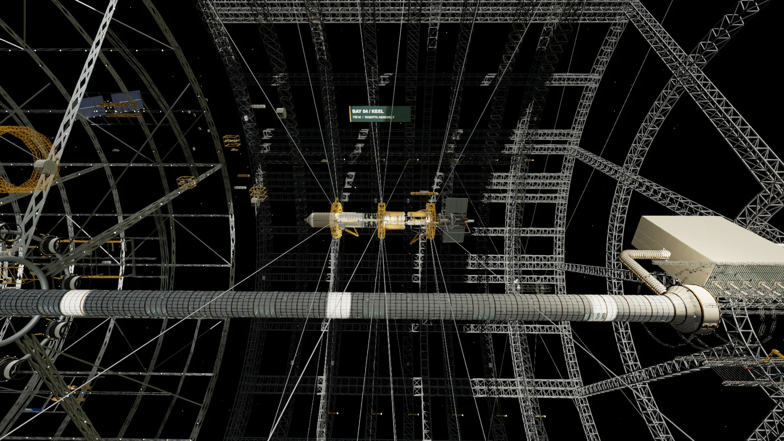 A long spacecraft floats in a kilometre-scale steel cage, held by soft-capture rings while small tugs and manipulators work along its hull.
